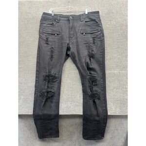 Makobi Rochester Coded Shredded Jeans Mens 38x32 Black Denim Stretch Dark Wash